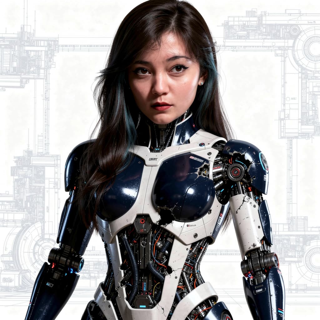 AI generated: Ultra-detailed cinematic portrait of a Hong Kong female cyborg , navy and white metallic limbs parti...