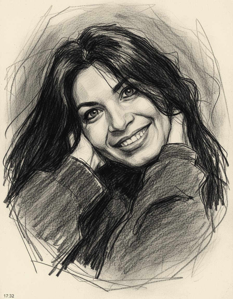 AI generated: An expressionist charcoal sketch, a stunning woman with piercing blue-green eyes, bold, intense, sou...
