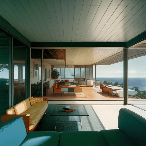 AI generated: Hyper realistic eye level exterior photo of a mid century modern style house overlooking the ocean, ...