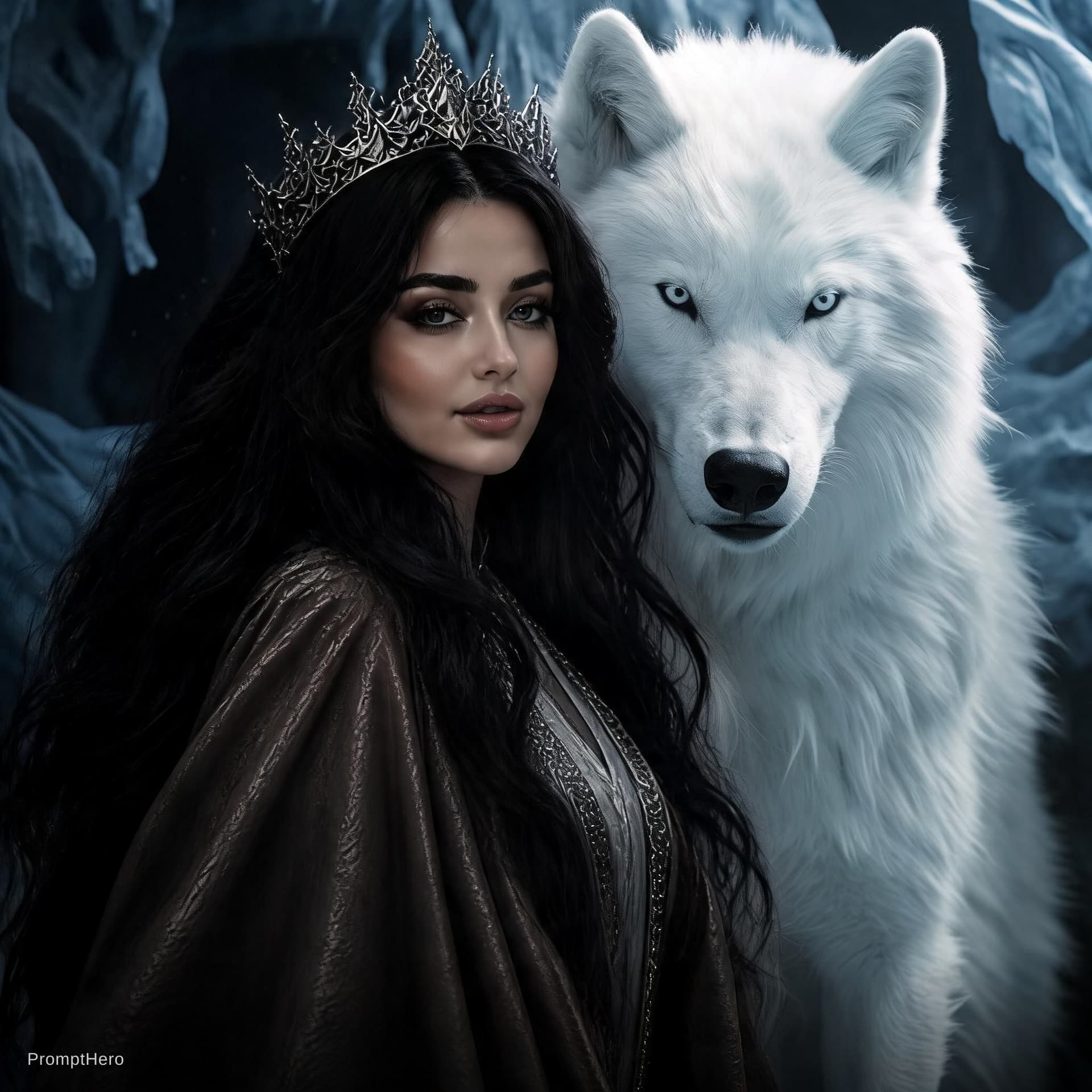 AI generated: اريد دمج صورة البنت التي وحدها محل صورة البنت مع الذئب
