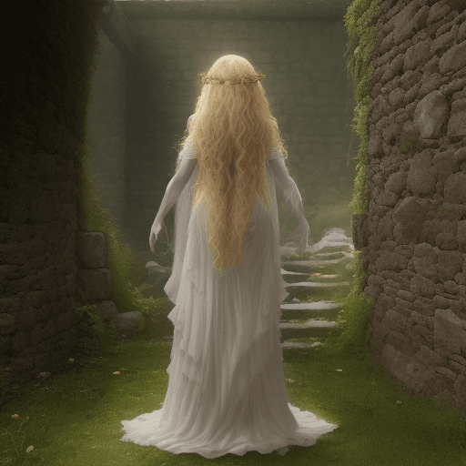 AI generated: Her back to the camera, standing infront an old overgrown stone wall , full body photo of a young (g...