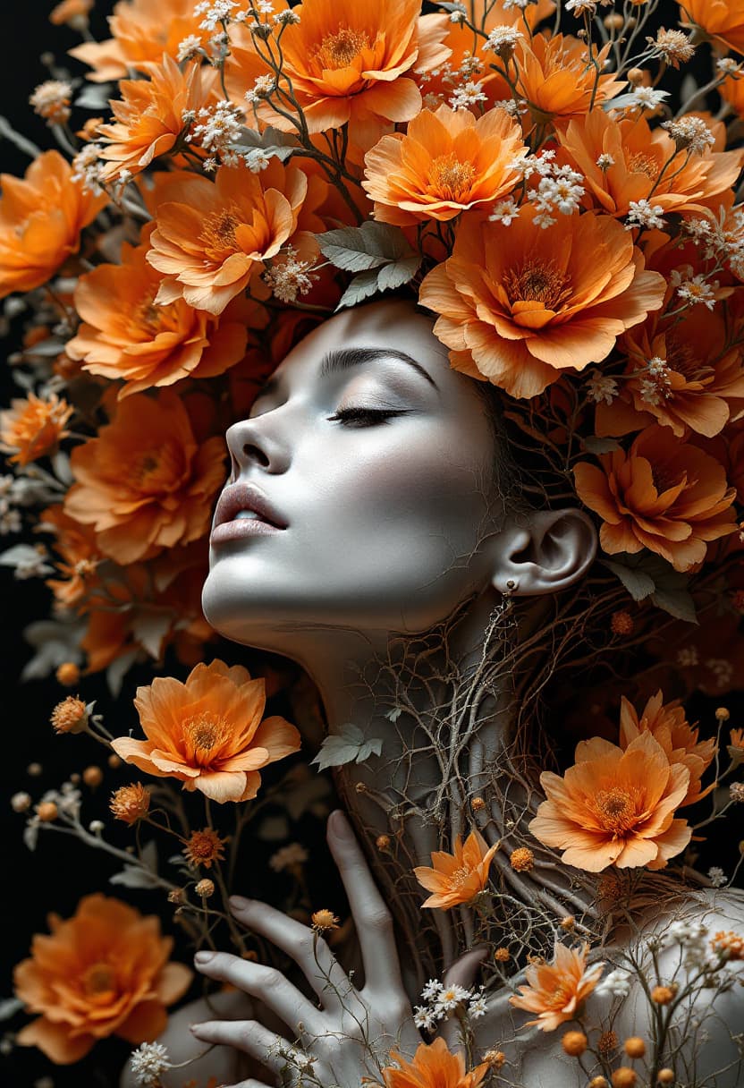 AI generated: 3d stunning woman in flowers with human and flower shaped branches,orange in the style of medical im...