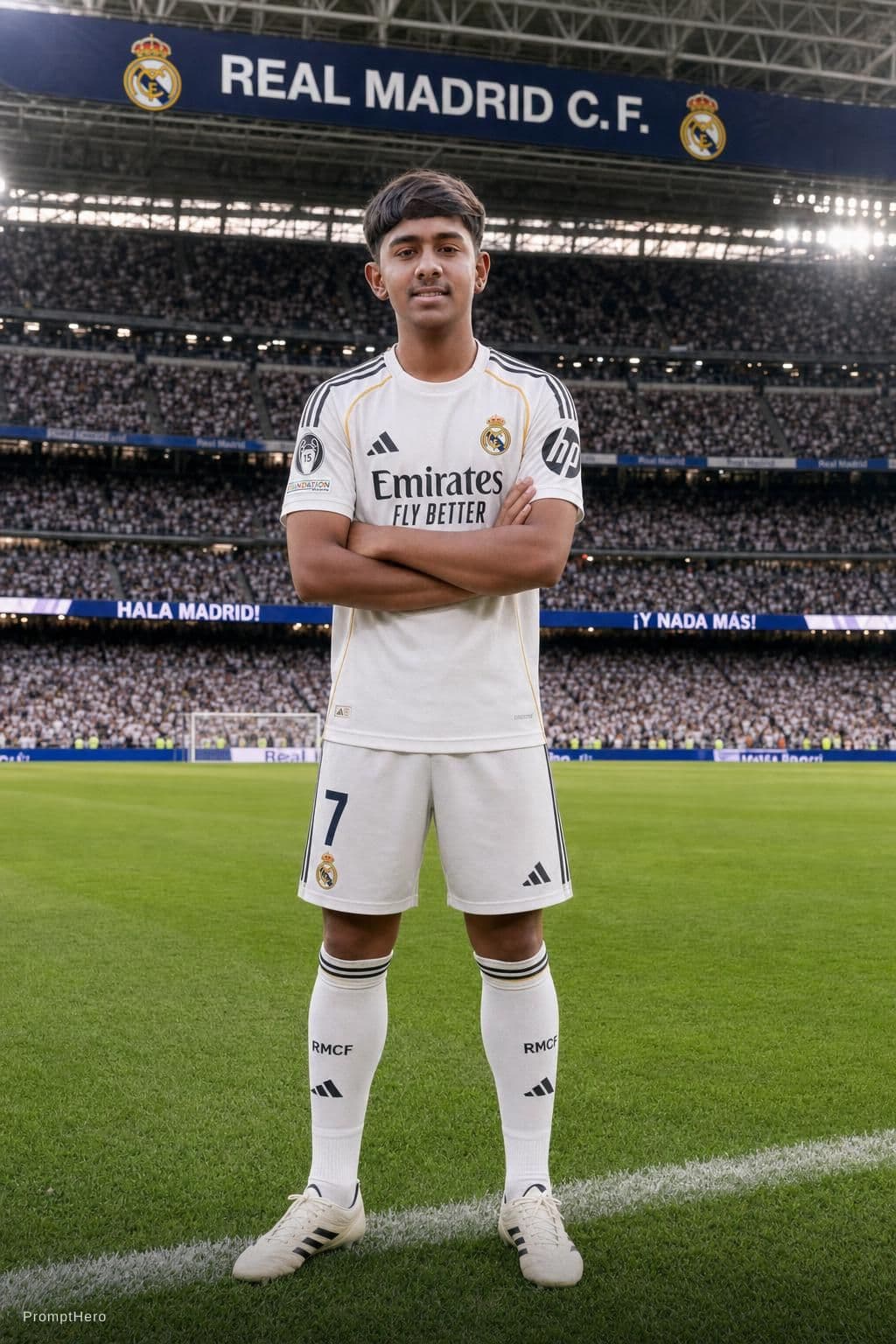 AI generated: In real madrid kit in bernebeu
