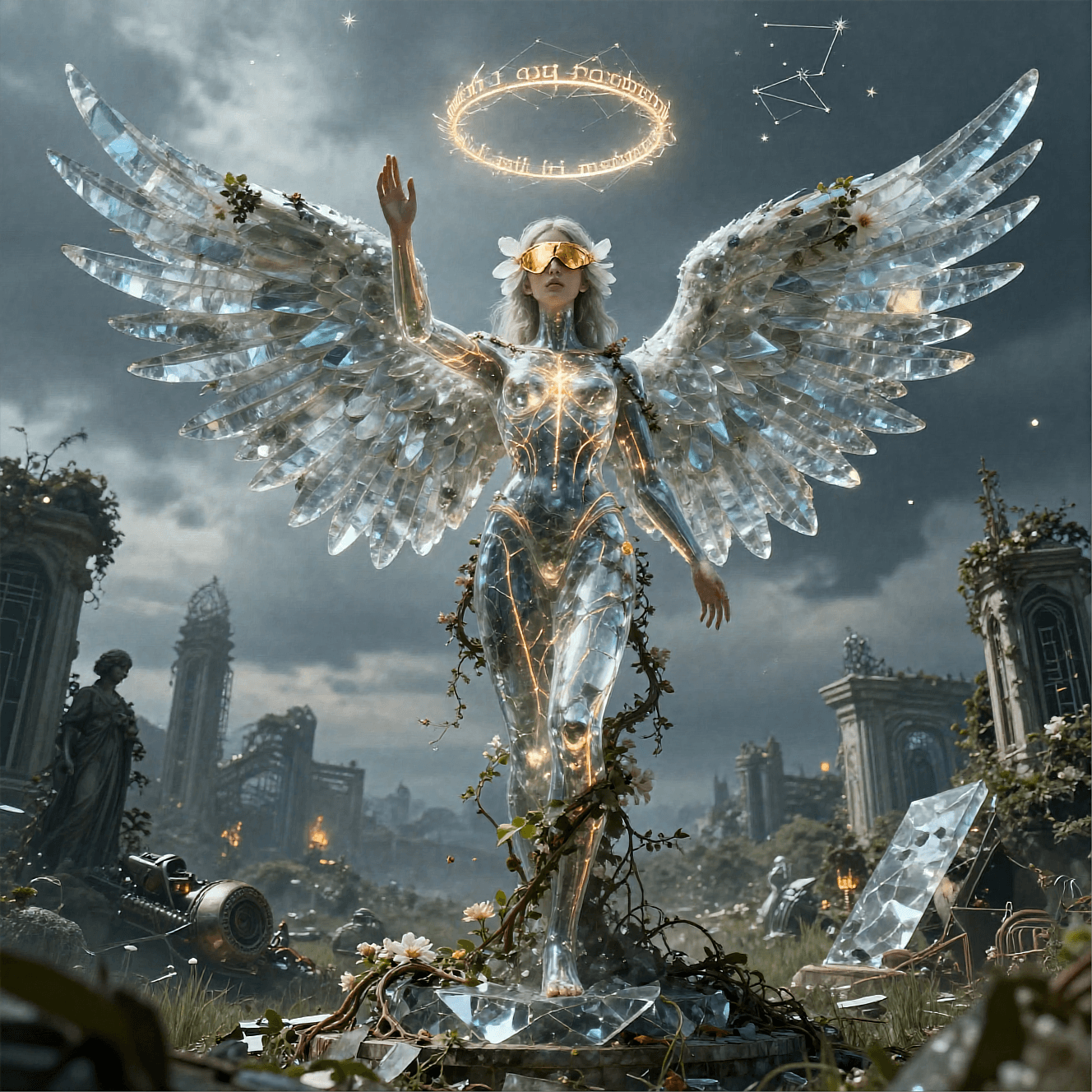 AI generated: n a crumbling sanctuary built at the end of time, open to the sky and flooded with wild overgrowth, ...