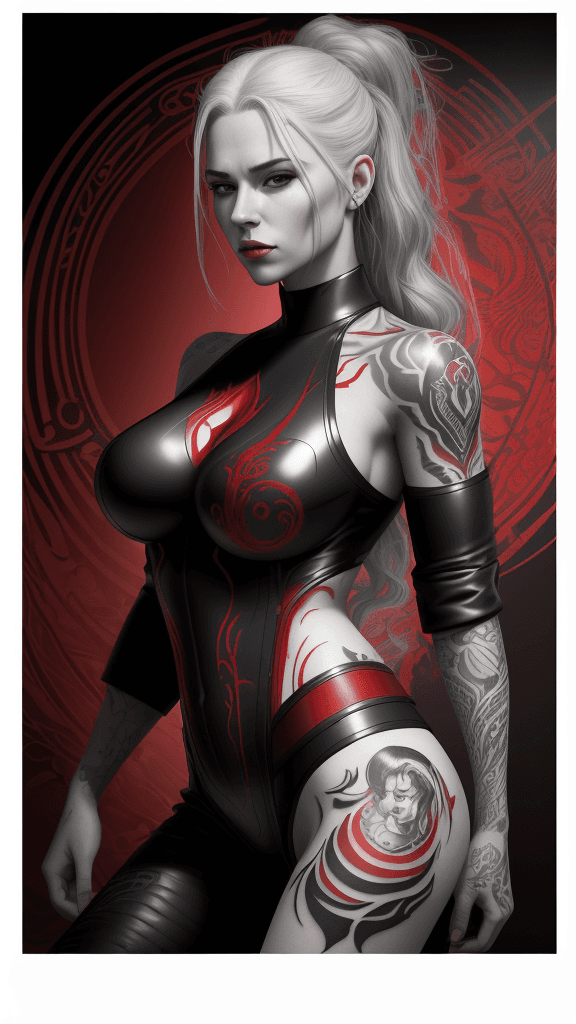 AI generated: A portrait of [a scarlet in a bodyguard outfit], in the style of airbrush art, classic tattoo motifs...