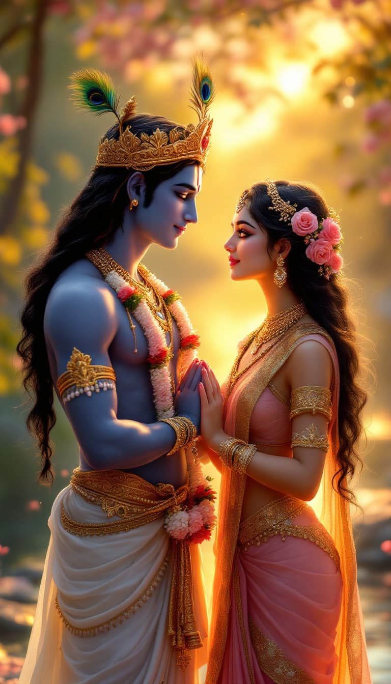 AI generated: "A divine and mesmerizing scene of Lord Krishna and Goddess Radha standing close to each other, hold...