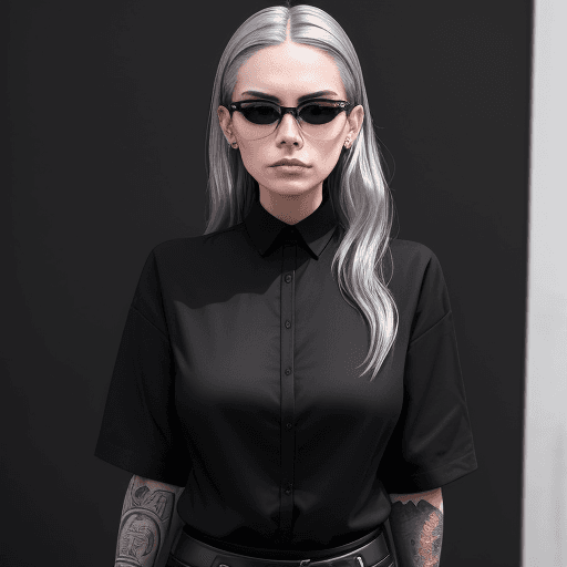 AI generated: a woman in black shirt , in the style of tattoo , normcore , dark silver and dark gold , happycore ,...