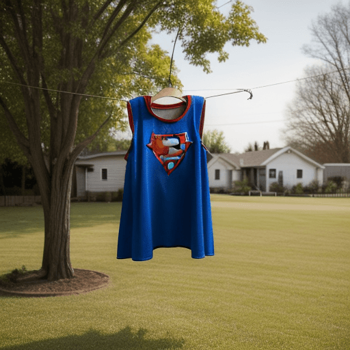 AI generated: clothes of superman hanging on a drying rope in backyard in sun. a clothes bucket can be seen on law...