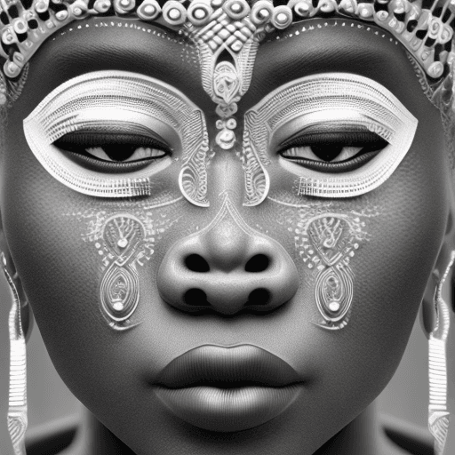 AI generated: intricate closeup shot, masterpiece artwork, black skin-tight body, tribal, suit, white accent, deta...