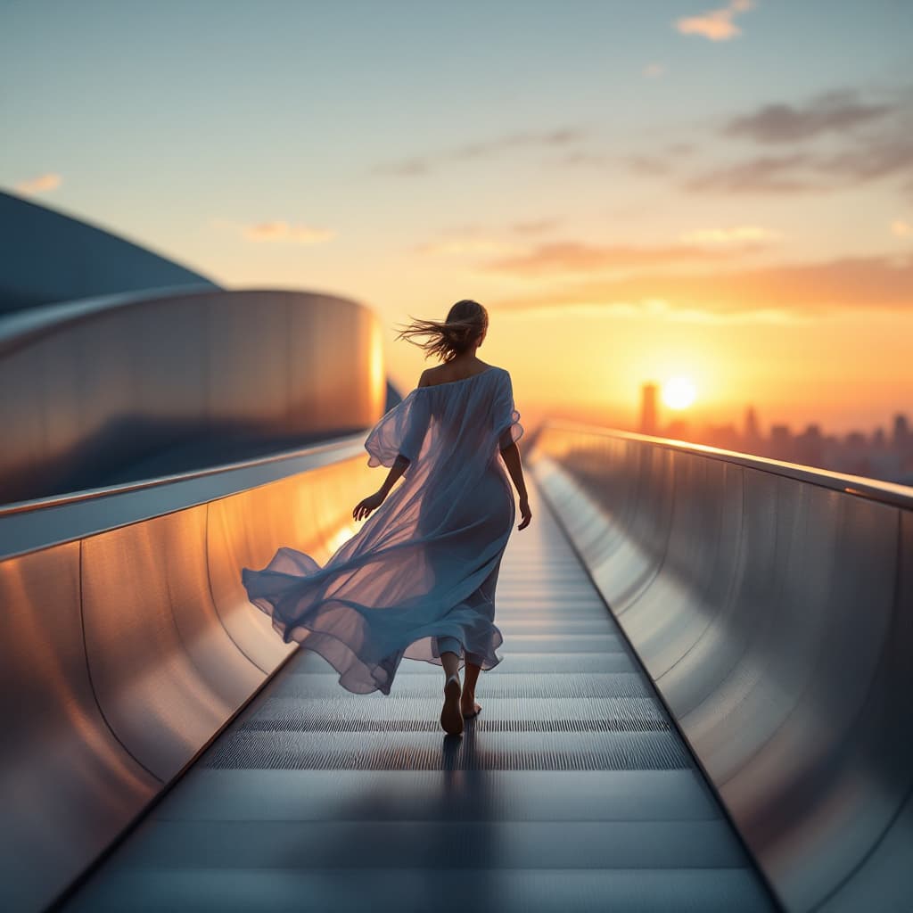 AI generated: A person strides gracefully along a sleek metallic ramp, their flowing attire rippling gently in the...