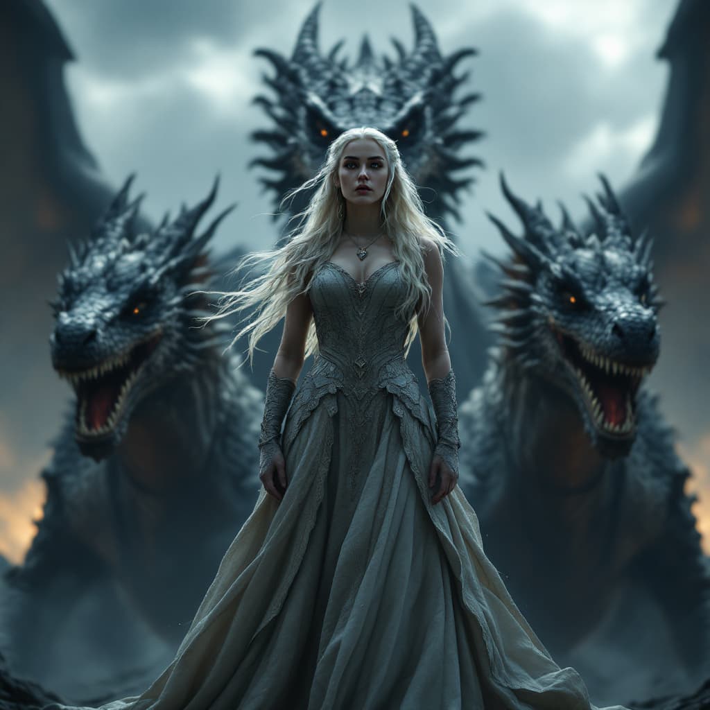 AI generated: Daenerys Targaryen standing tall, full height, regal and powerful, in front of three massive, full-g...