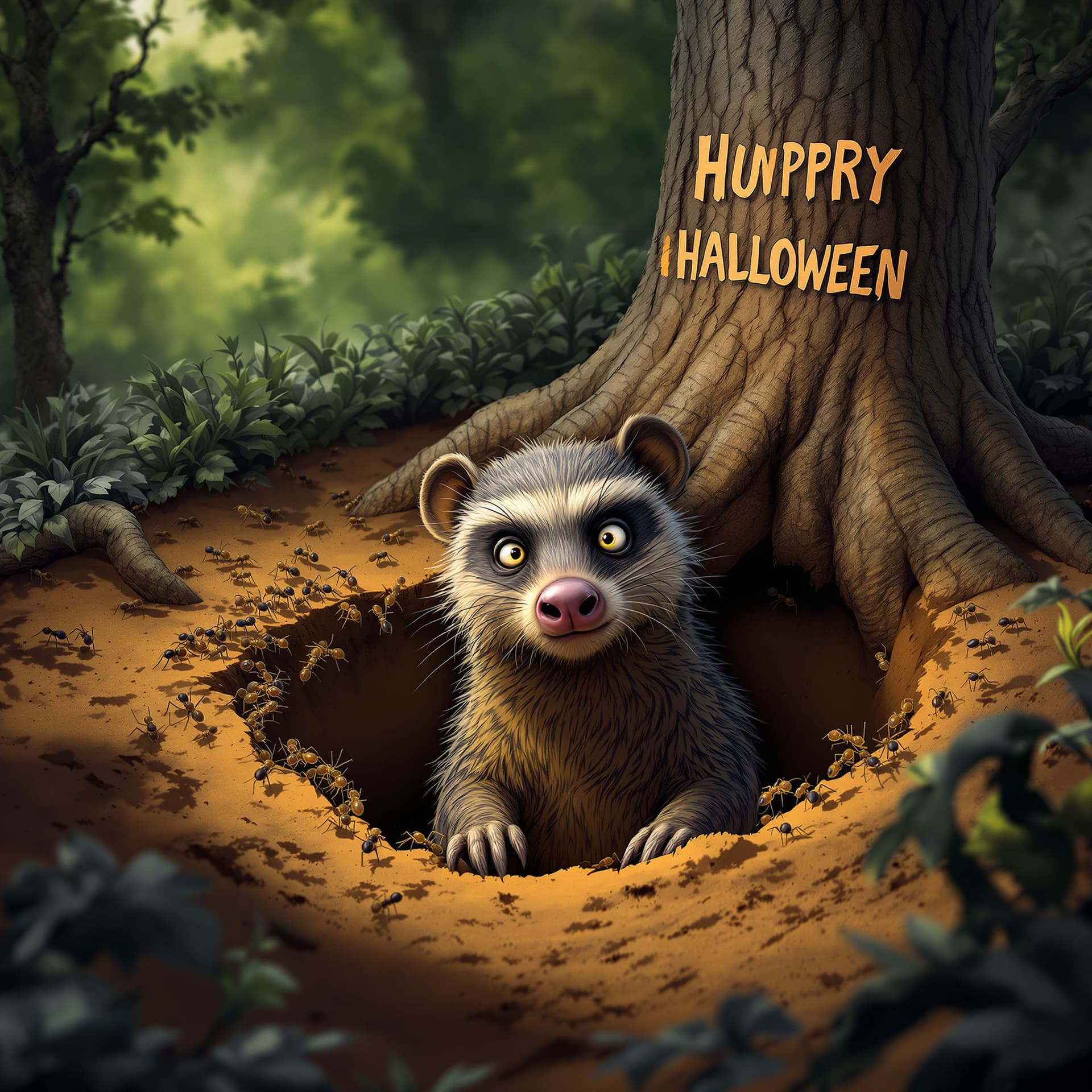 AI generated: funny scene, anteater trapped in a hole near an anthill surrounded by angry organized ants, comical ...