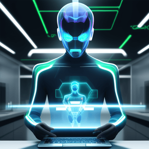 AI generated: half body man with work appearance , whit long sleeve, using transparent laptop doing a speed test, ...