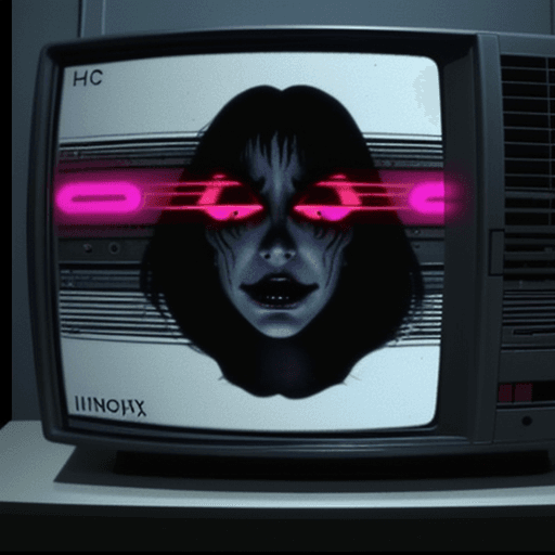 AI generated: evil lurking , 80s movie style, spooky vhs glitch on tv screen, variation 4