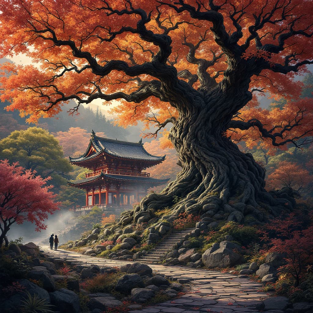 AI generated: japan::2, temple::2, by Laurie Greasley, tree::1, fantasy lighting, extremely detailed, artstation, ...