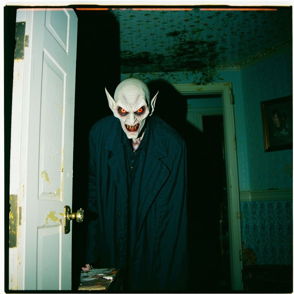AI generated: grainy 80's photograph quality polaroid of uncanny nosferatu caught in an abandoned house, dark, unc...