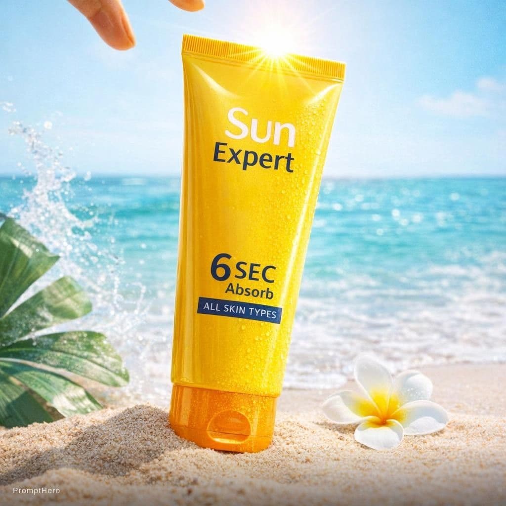AI generated: {
  "scene": "Product Photography - Sunscreen on Beach",
  "subject": {
    "type": "sunscreen tube"...