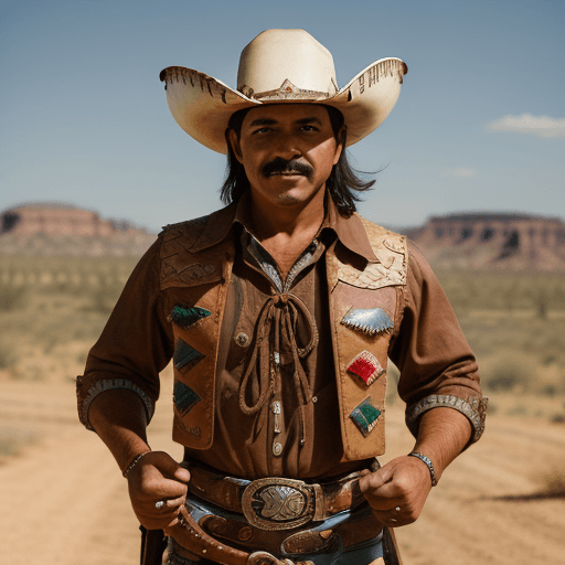 AI generated: a friendly looking mexican cowboy, knifes on his belt, wild west style, 8k