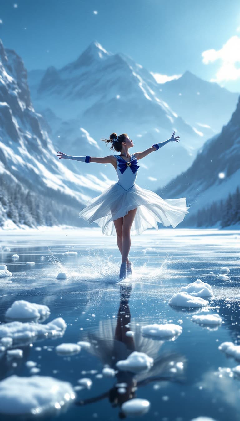 AI generated: Full length shot (FLS) of a beautiful Sailor Moon ice dancing on a frozen mountain lake, photorealis...