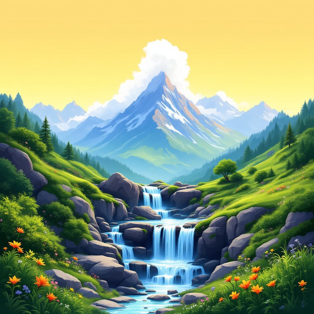 AI generated: A distant mountain peak in the mountains with green plants and flowers dotting its base, under a blu...