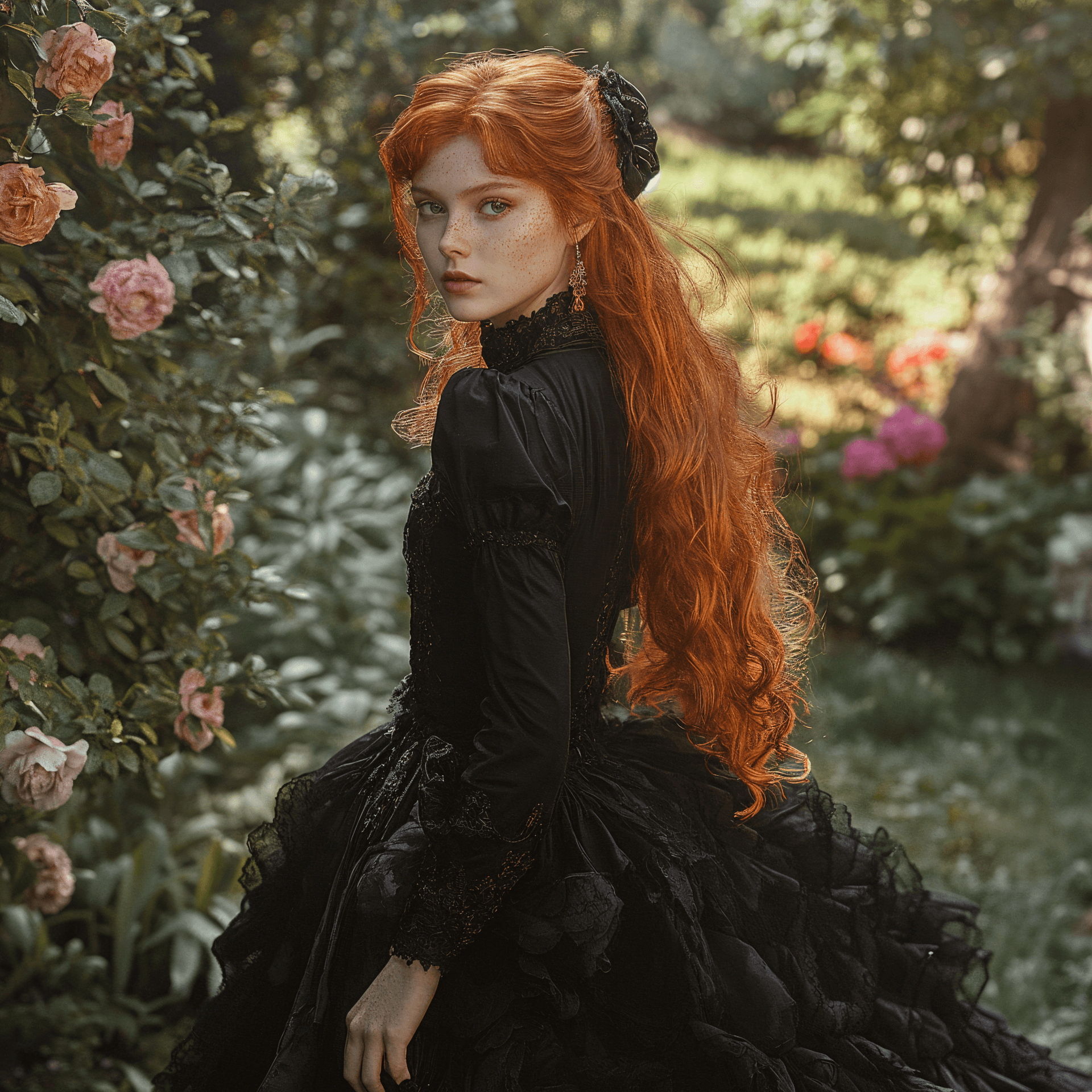 AI generated: full-length portrait of a red-haired girl in a Victorian black dress, outdoors, in the garden, in th...