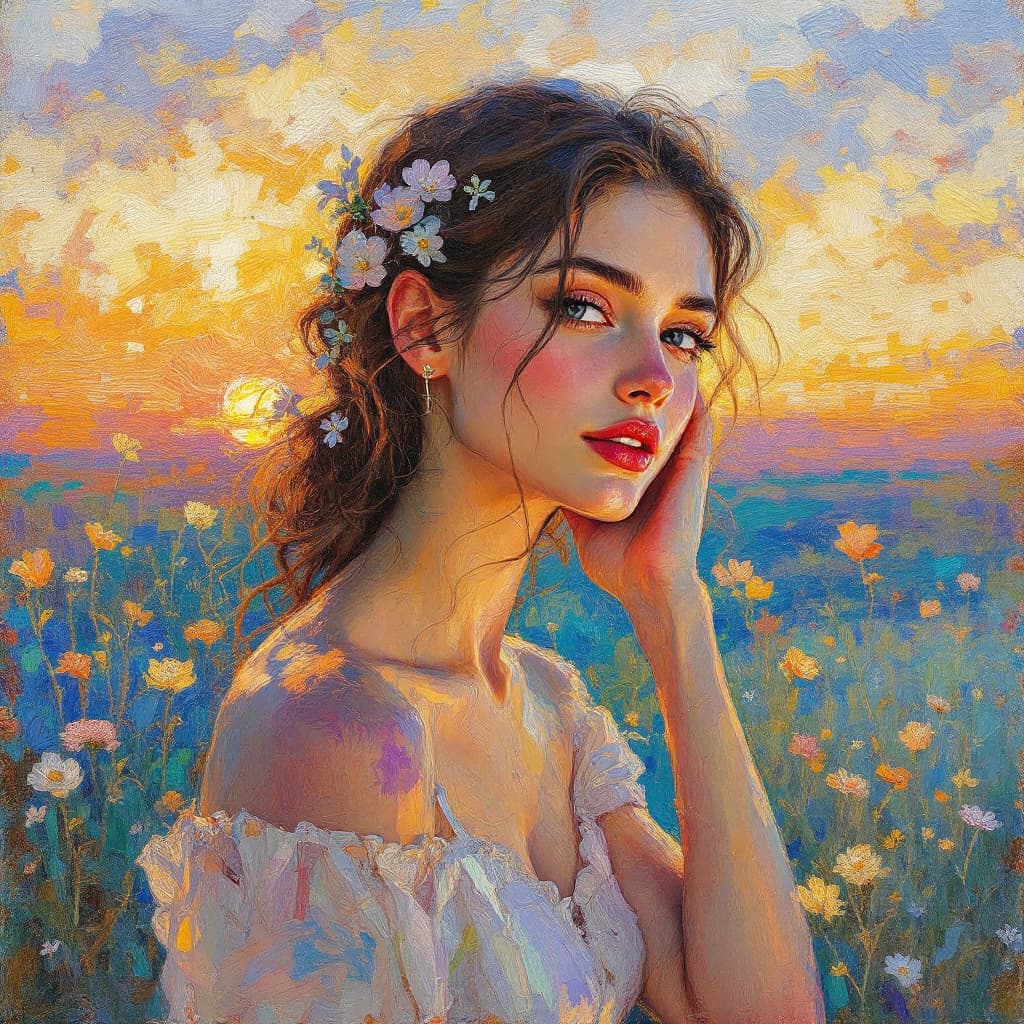 AI generated: Impressionist painting, woman at sunset, 25-30 year old, delicate features, in the style of Monet, d...