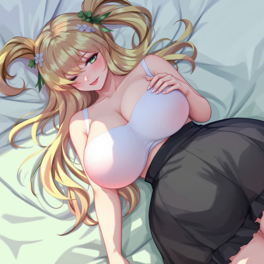 AI generated: ,1girl, solo, yellow hair, green eyes, two side up, green ribbon, clover hair ornament,huge breasts,...