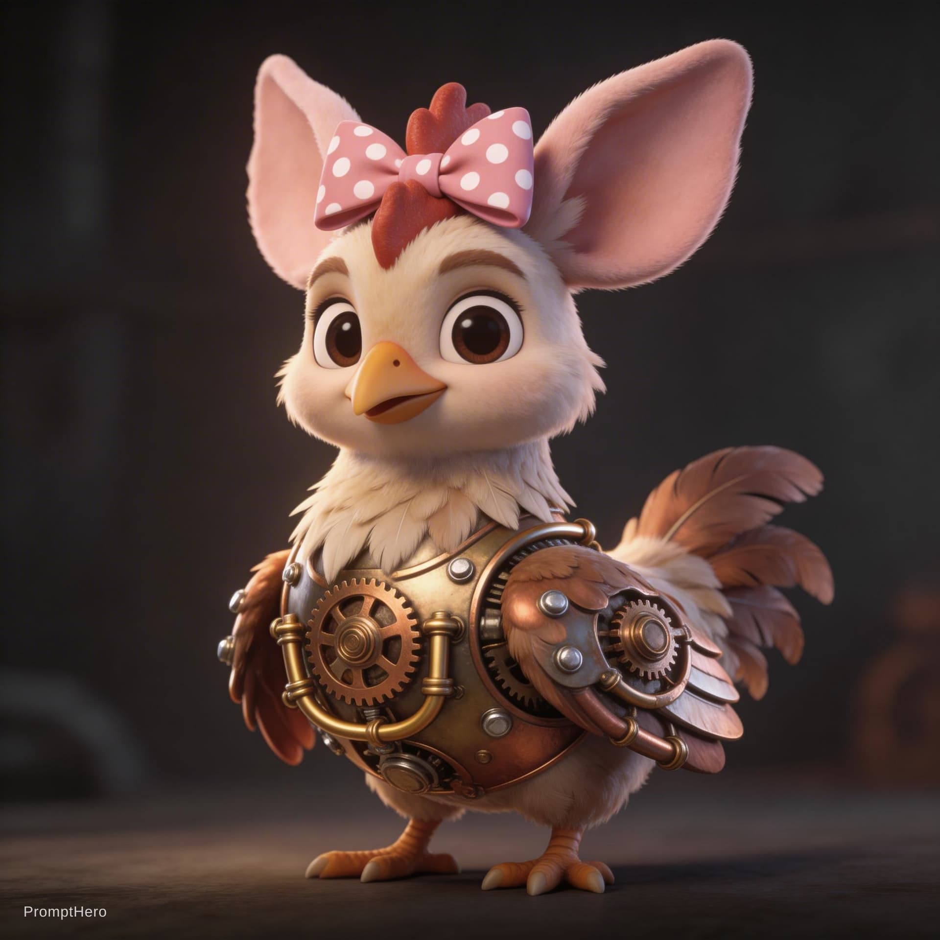 AI generated: Painterly whimsical Pixar-style Cock/ Chicken/Rooster character with oversized pink-tinted ears and ...
