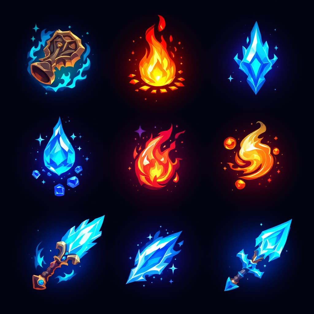 AI generated: video games icons, 2d icons, rpg skills icons, world of warcraft items icons, league of legends item...