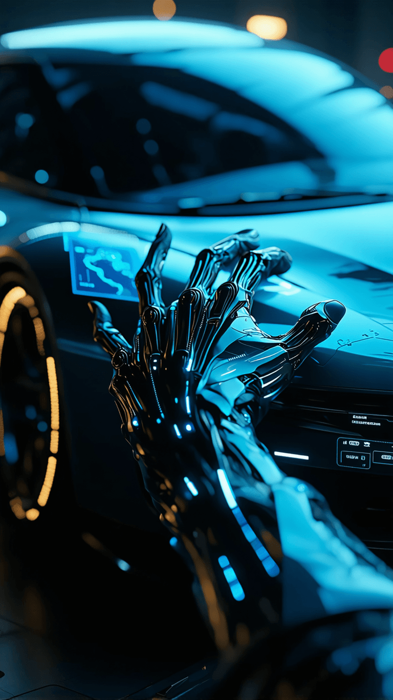 AI generated:  extreme closeup of an alien's hand elegantly navigating the futuristic ghost screen of a super car....