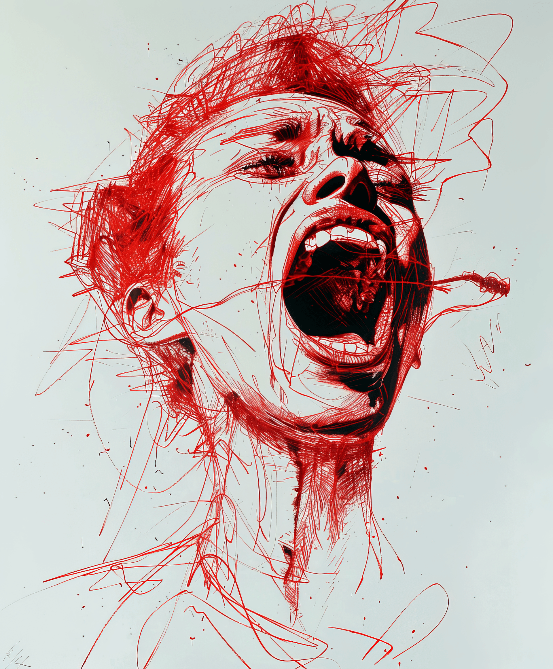 AI generated: A drawing of an excited woman with their mouth open and smoking, made up entirely from scribbles of ...