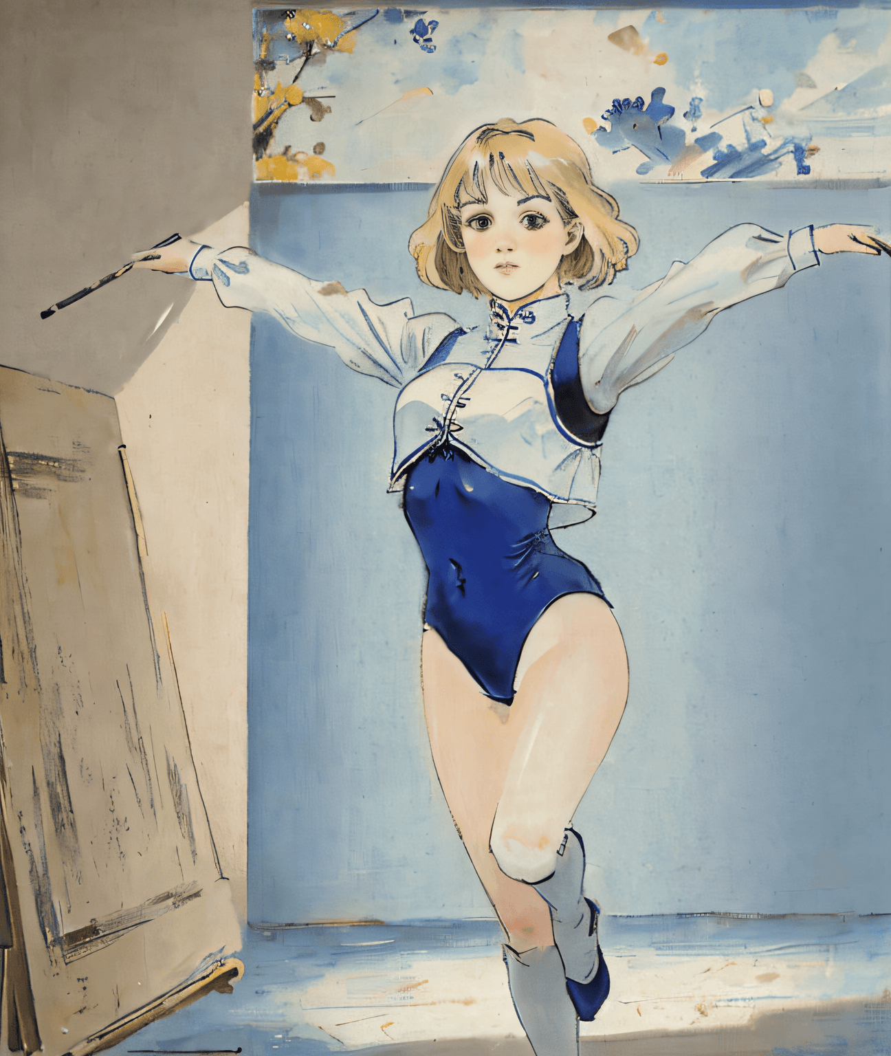 AI generated: painting of (very blondie:1.1) girl blue and white outfit doing gymnastics, depth of field. 4K, HDR....