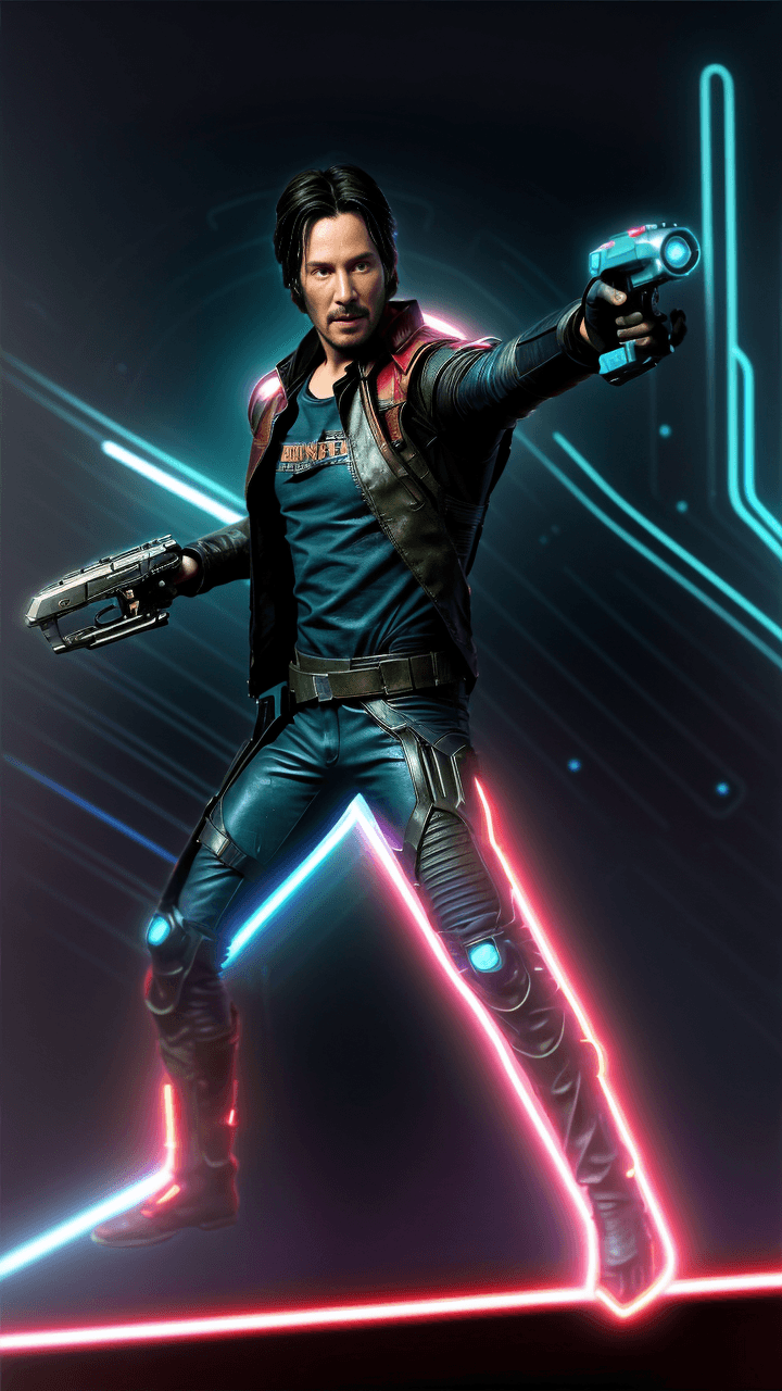 AI generated: Keanu Reeves as Starlord from Guardians of the Galaxy, High Details, with futuristic pistols in both...