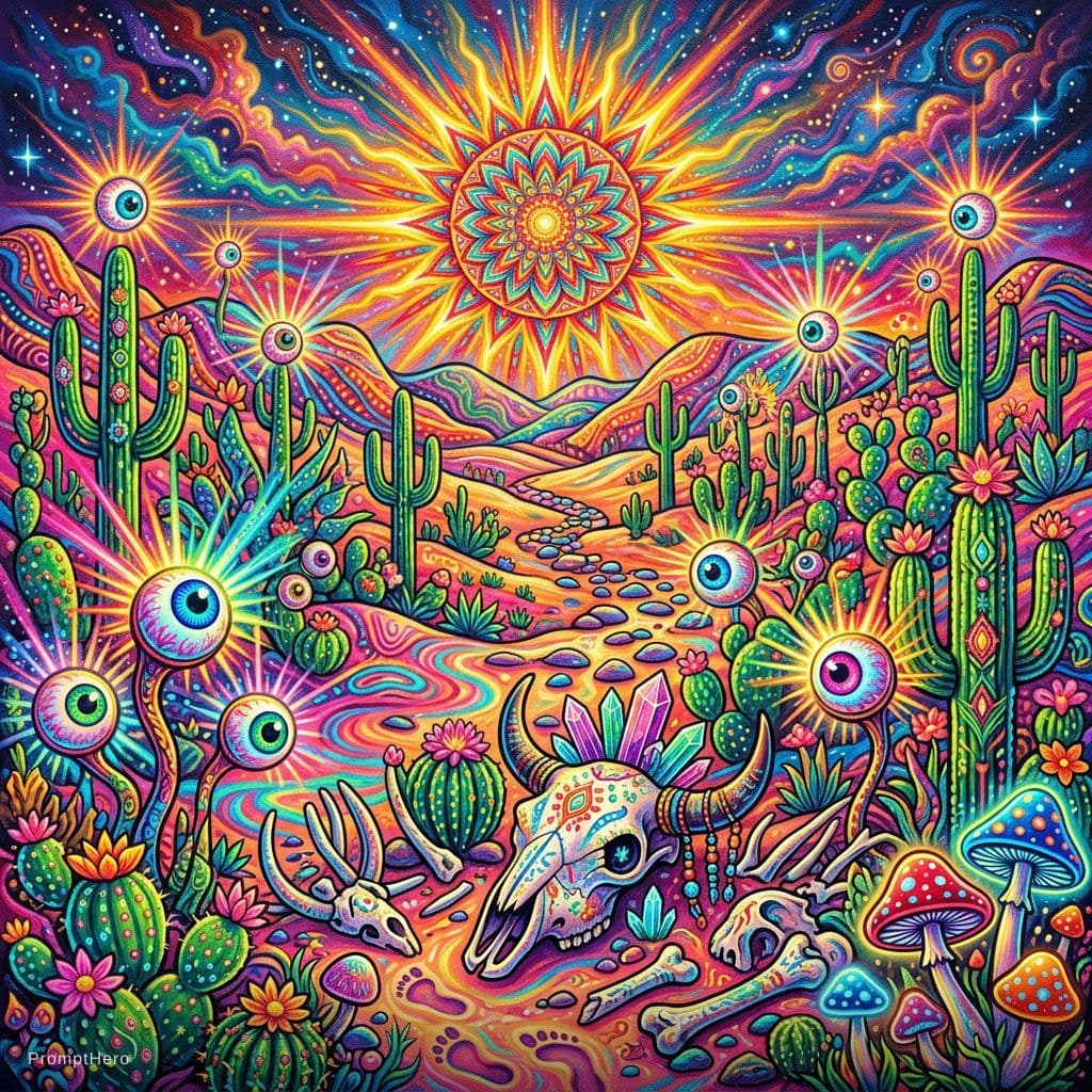 AI generated: A desert with colorful eyeballs with bright colors radiating from inside out, a lot cactus, dead ani...