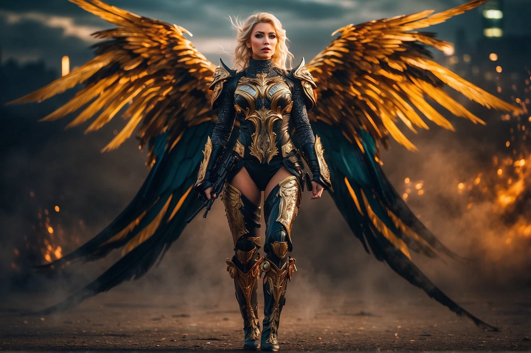AI generated: Full body photography of a Strong Female warrior , gorgeous model {{FACE}}, blond, cutie, huge hyper...