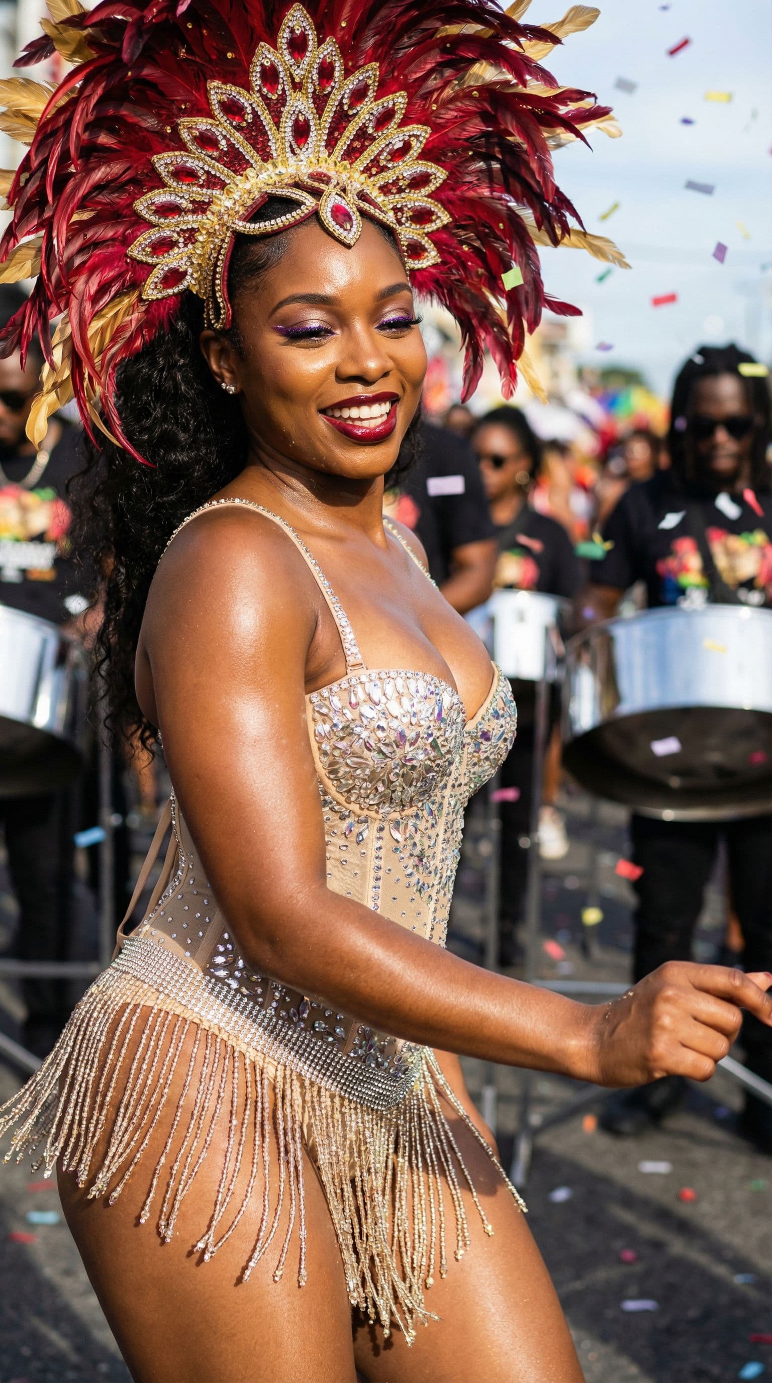AI generated: A pretty caramel - skinned African American woman wears a ruby red and gold feathered headdress, ado...