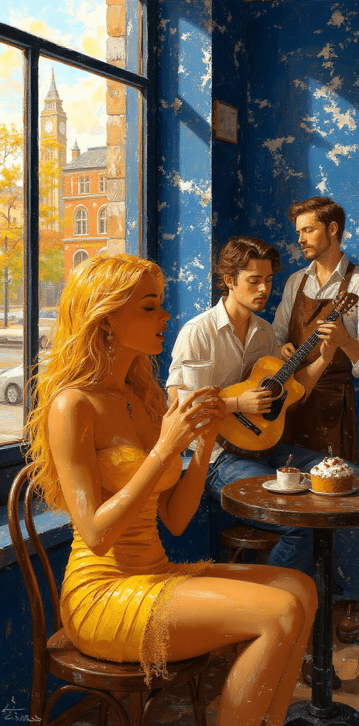AI generated: a painting of a blond woman sitting near a window,in London, blue coffee shop,, drinking, guy servin...