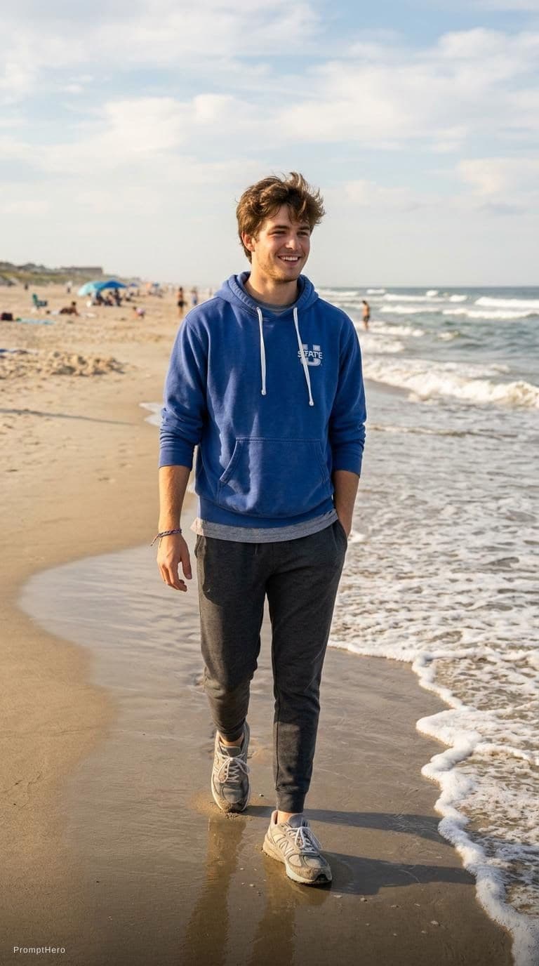 AI generated: A 19-year old college guy wearing with blue hoodie, grey t-shirt, and grey sneakers at the beach