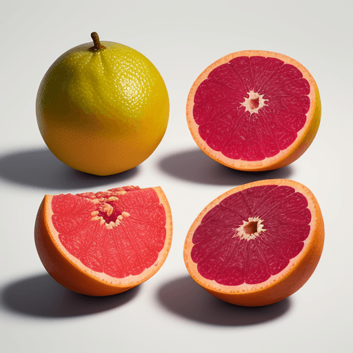 AI generated: Grapefruits, cut in half, food photography, photography, center focus, angle 45, black background, f...