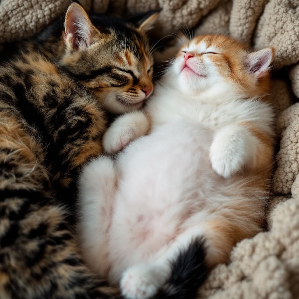 AI generated: a picture of a fluffy kitten on it's back laying against it's mother , with a big belly and asleep ,...