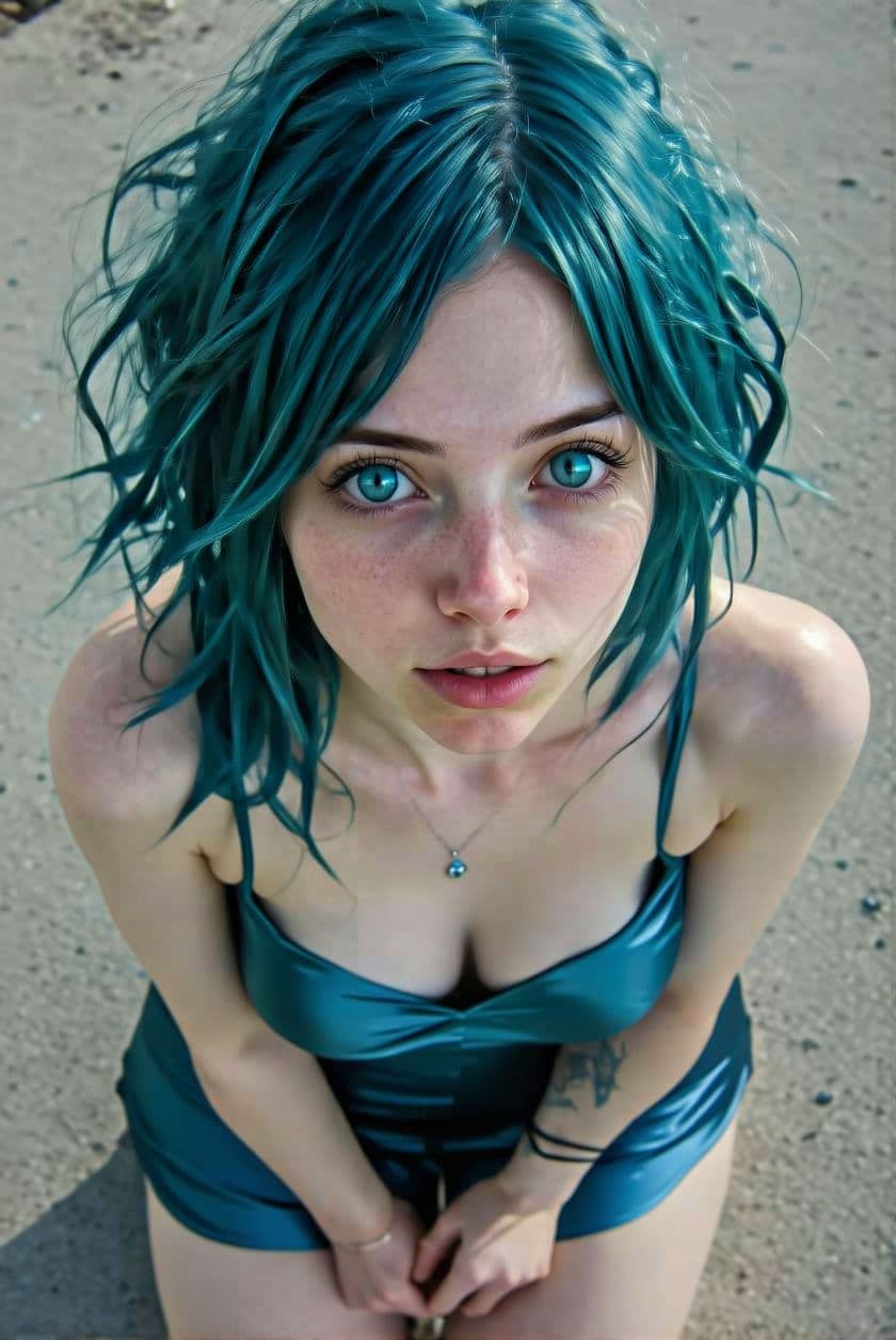 AI generated: Shot from above, 20 years old girl, [slim girl, slender girl], with big expressive eyes, [blue pierc...