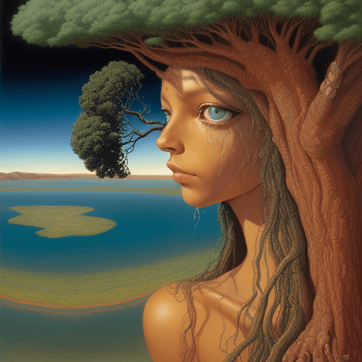 AI generated: an eye in a tree near water, in the style of brian despain, dripping paint, expansive landscapes, hi...