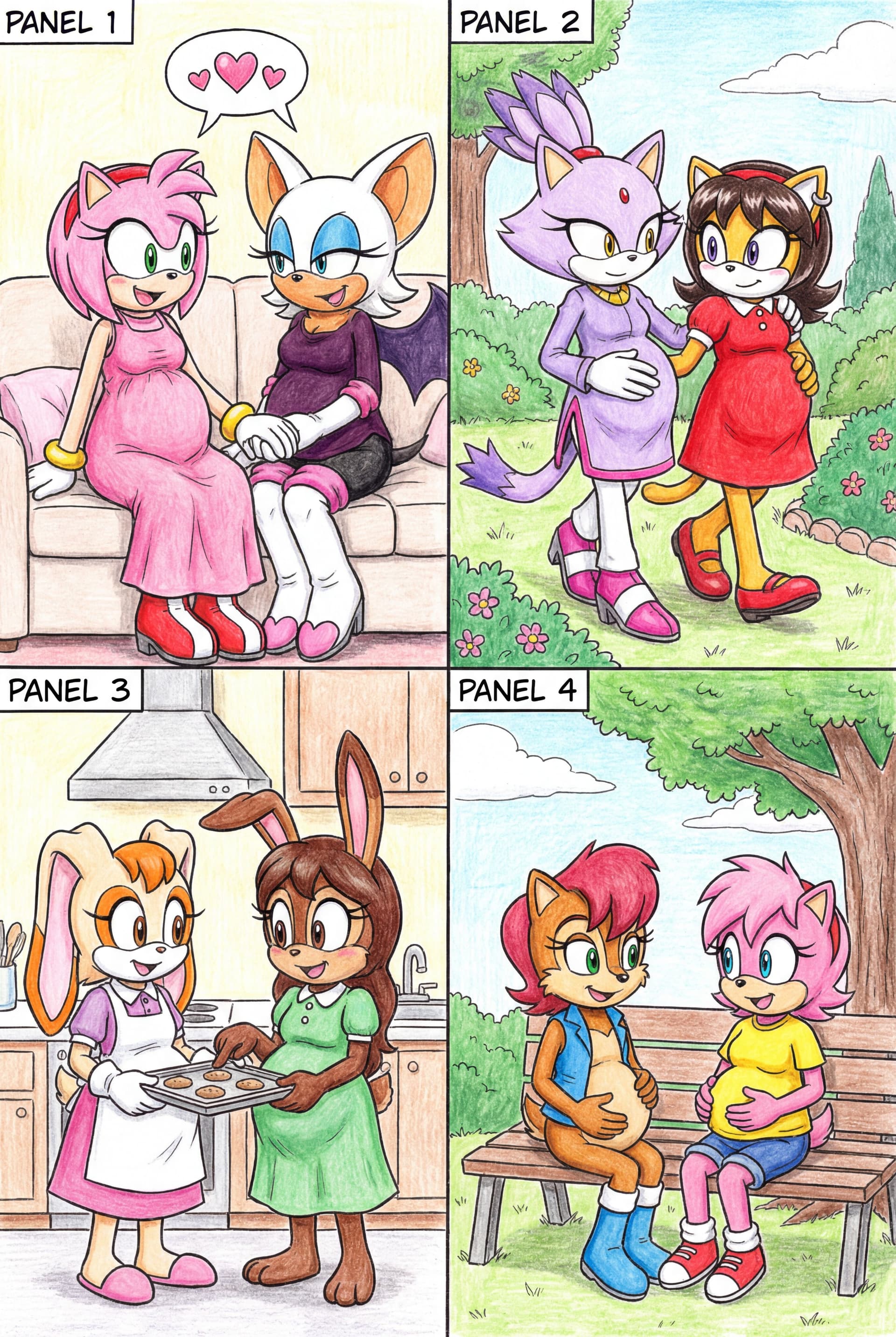 AI generated: Sonic pregnant Lesbian couple character fanart, panel 1: pregnant amy rose x pregnant rouge the bat,...