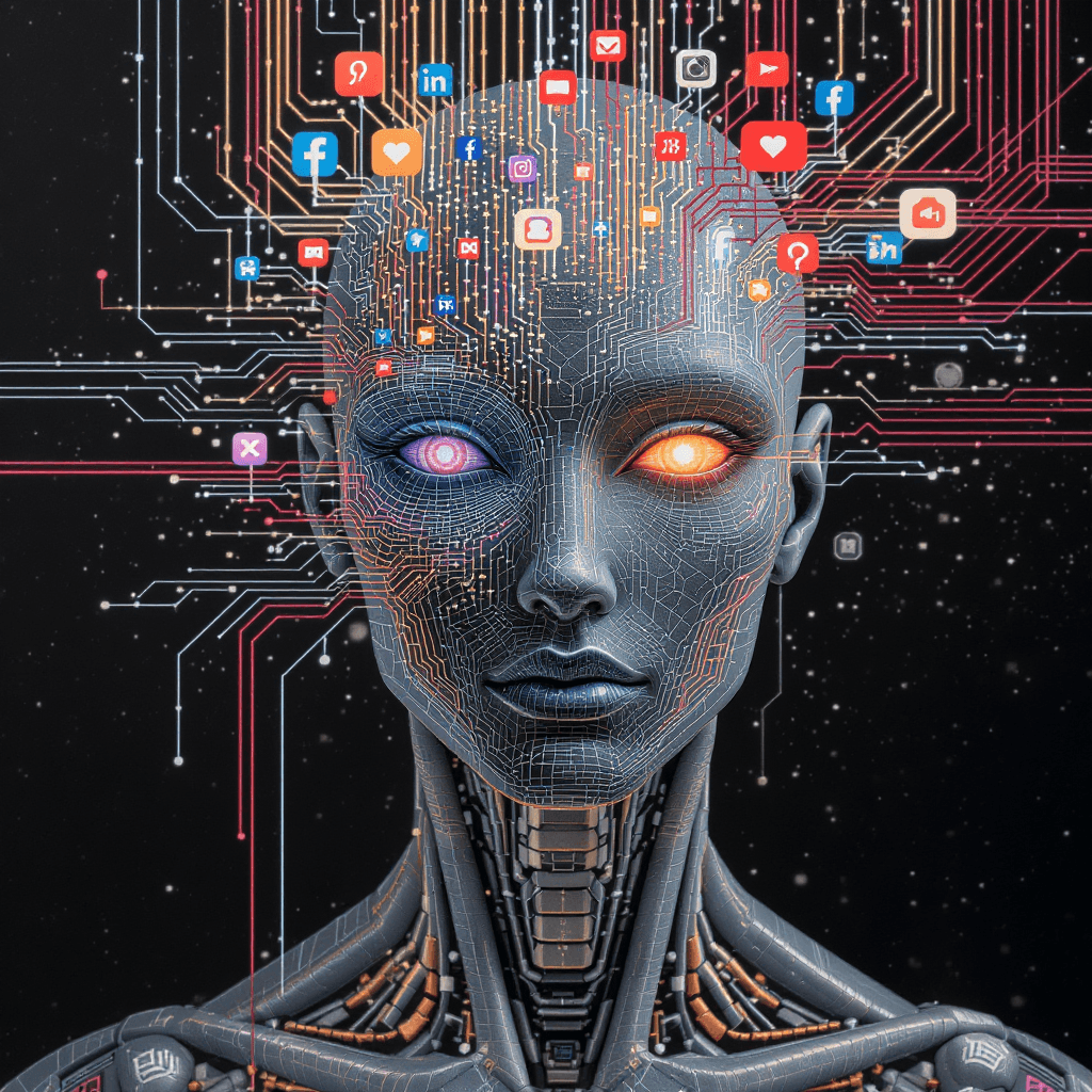 AI generated: i want a humanoid design with intricate face detailing: featuring only the headshot living in a digi...