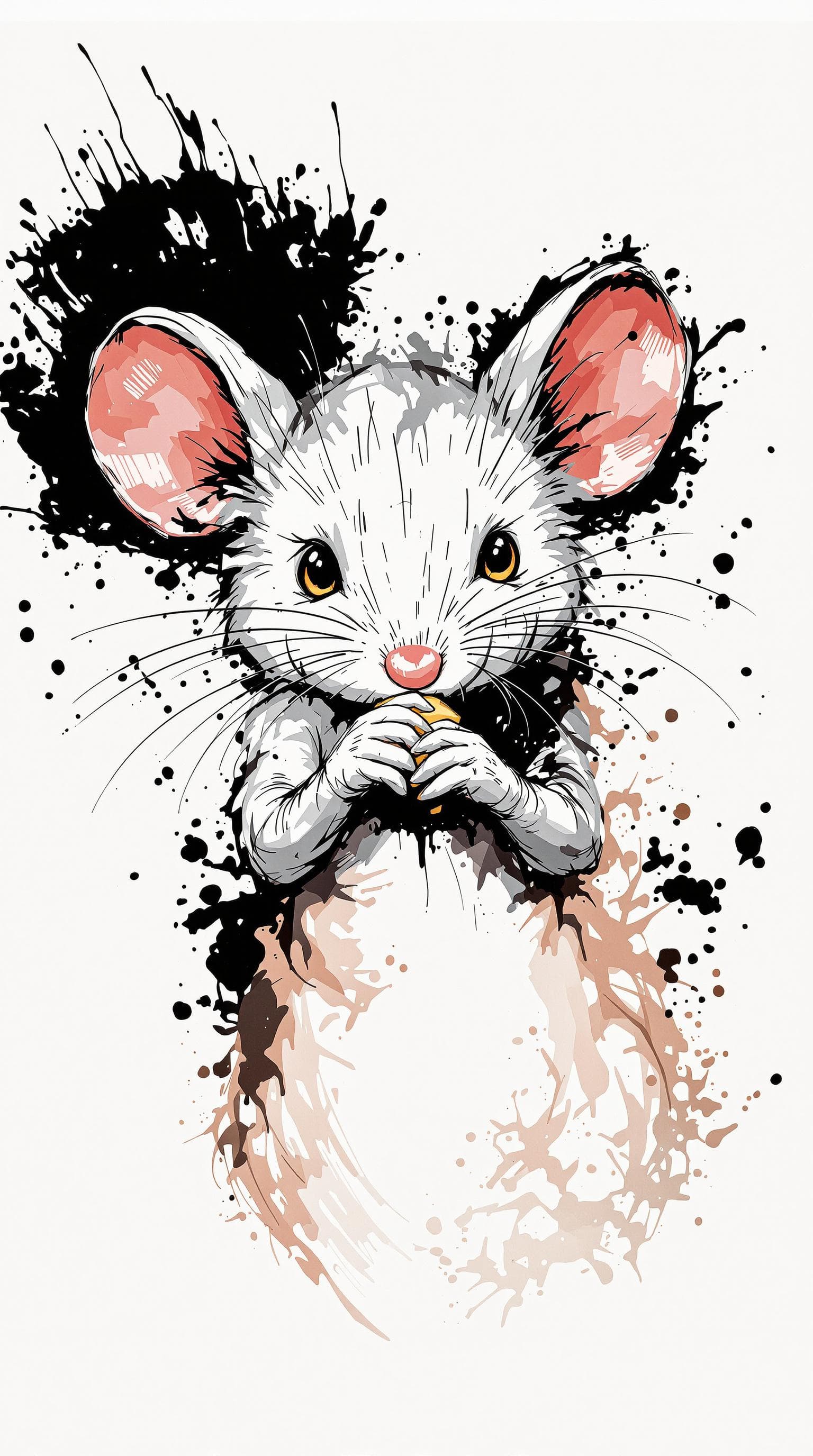 AI generated: cute Mouse with straight face grabing something, detailed,ink style,Ink splash art on the background...