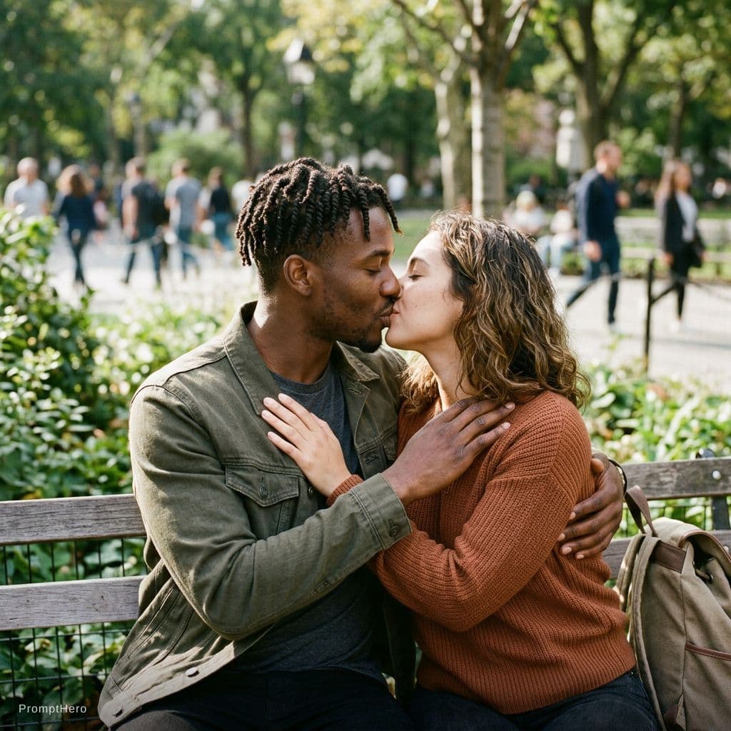 AI generated: She's kissing a black guy while his touching her breast 