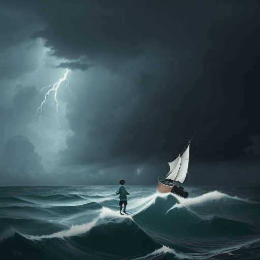 AI generated: A boy sailed alone in the sea. There are boats, fish and storms.