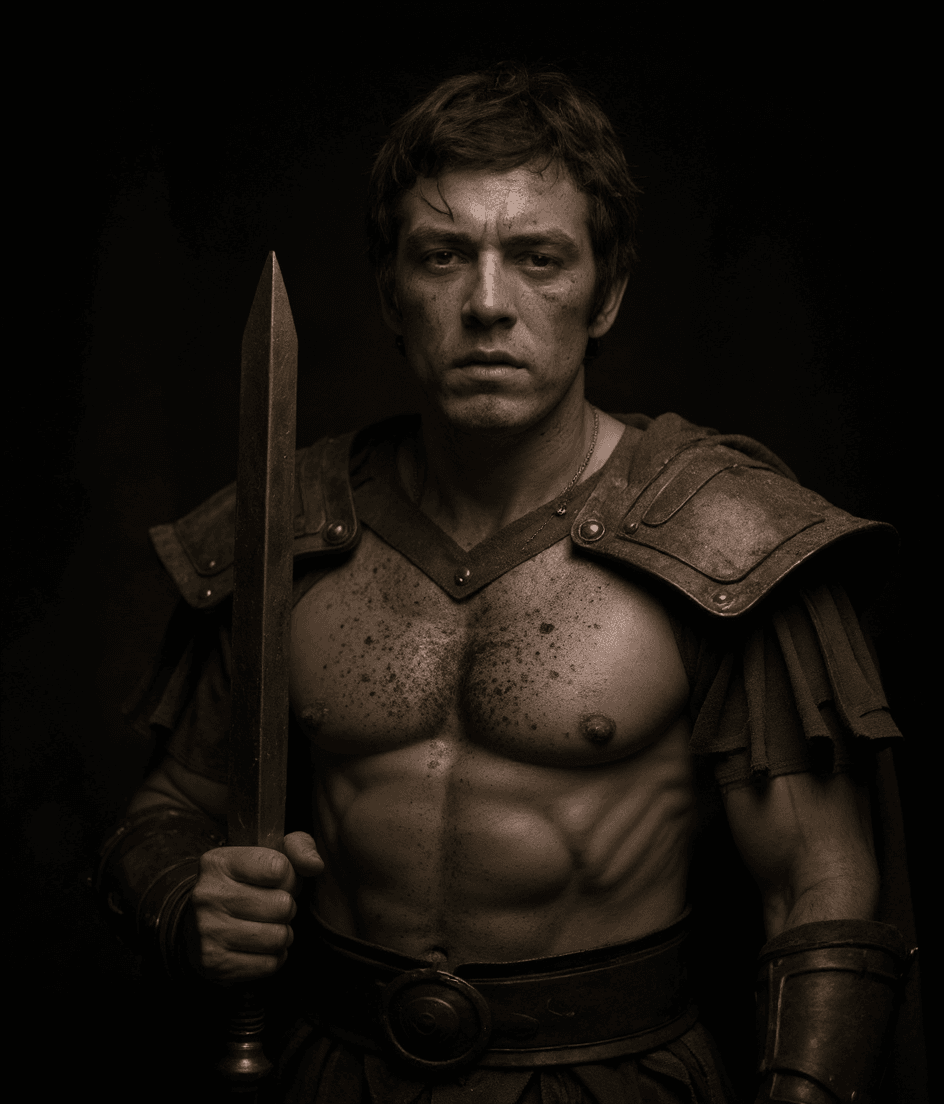 AI generated: Roman centurion stands holding to his gladius after the battle, fear and horror on his face, tired a...