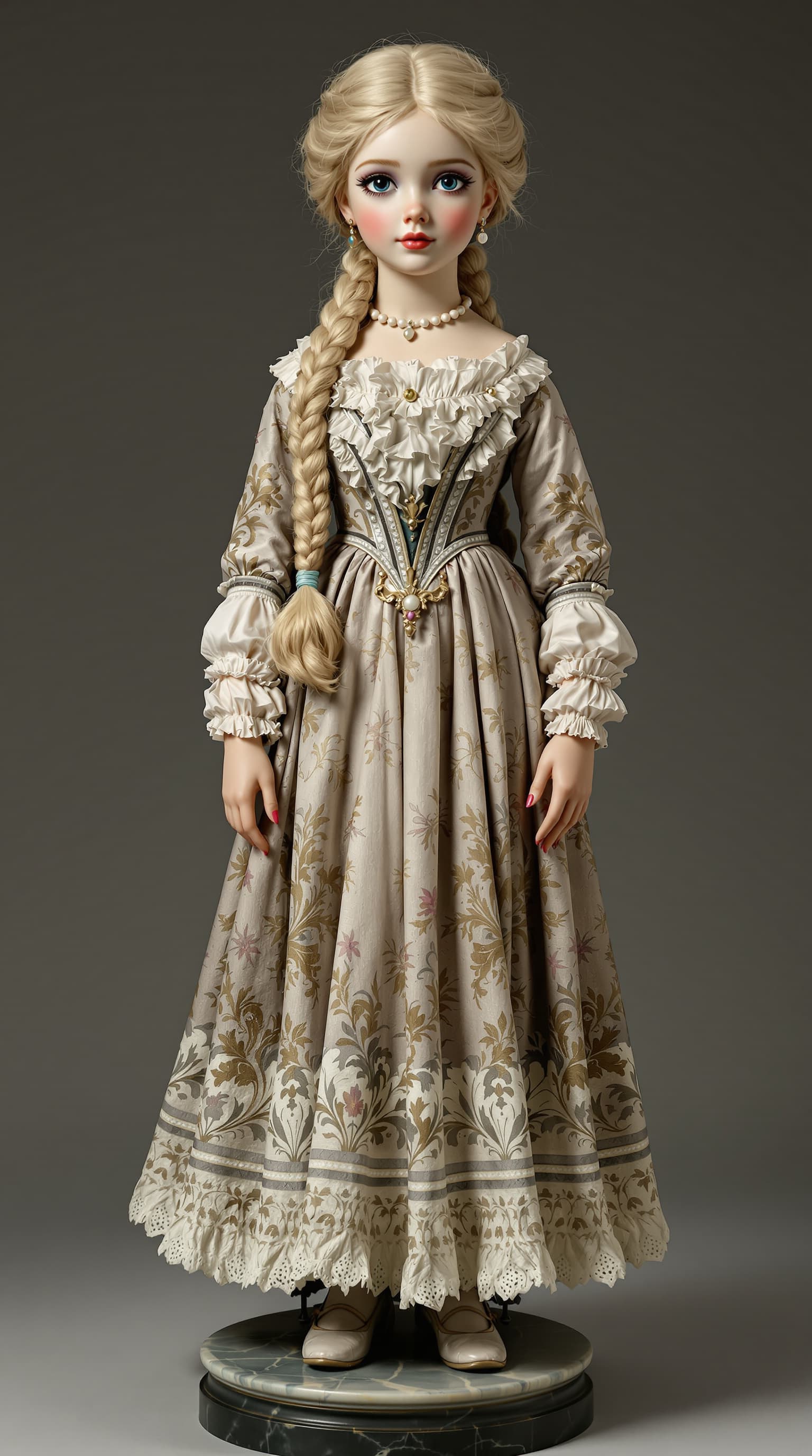 AI generated: A professional photograph captures the exquisite antique porcelain figurine of a ten-year-old girl, ...