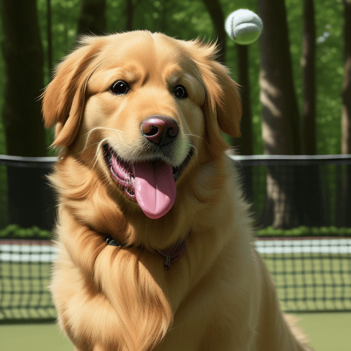 AI generated: Golden retriever with tennis ball in mouth, surprised expression, high focus image, woodland backgro...